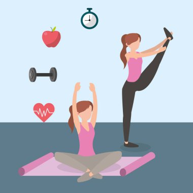 Genç kadınlar yoga yaparken egzersiz minderi ve kutsal kişilerin resmi çizgi film ile poz