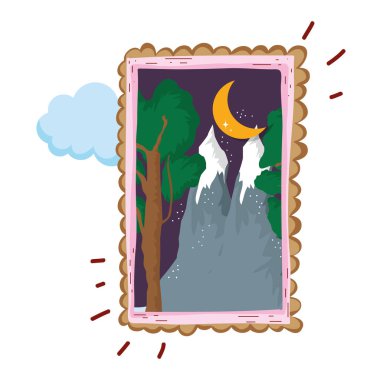 kar dağ kare çerçeve üzerinde gece vektör çizim ile manzara