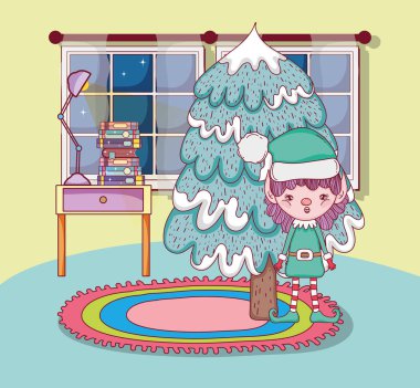 çam ağacı ev vektör çizim tasarım ile sevimli Noel Baba Yardımcısı