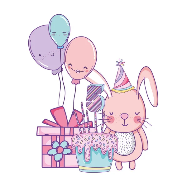 Coelho Feliz Aniversário Com Balões Bolo Caixa Presente Desenhos Animados — Vetor de Stock