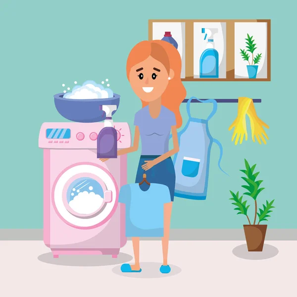 妇女在洗衣房与用具动画片向量例证图图表设计 — 图库矢量图片