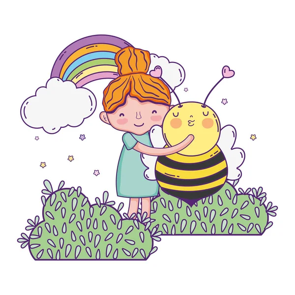 Liten Flicka Med Bee Kawaii Karaktärsdesign Vektor Illustration — Stock vektor