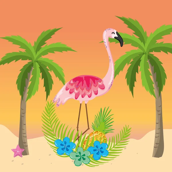 Spiaggia Tropicale Scenario Tema Con Uccello Elementi Vettoriale Illustrazione Grafica — Vettoriale Stock