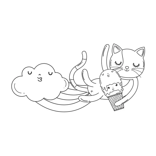 Niedliche Katze Mit Eis Regenbogenvektor Illustration Design — Stockvektor