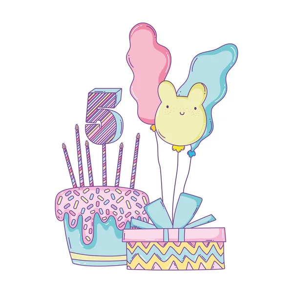 Happy Birthday Cake Giftbox Balloons Cartoons Vector Illustration Graphic Design — Stock Vector