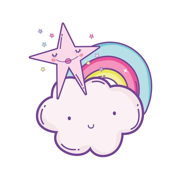 Nuvem Sorrindo Arco Íris Com Estrela Bonito Desenhos Animados Ilustração — Vetor de Stock