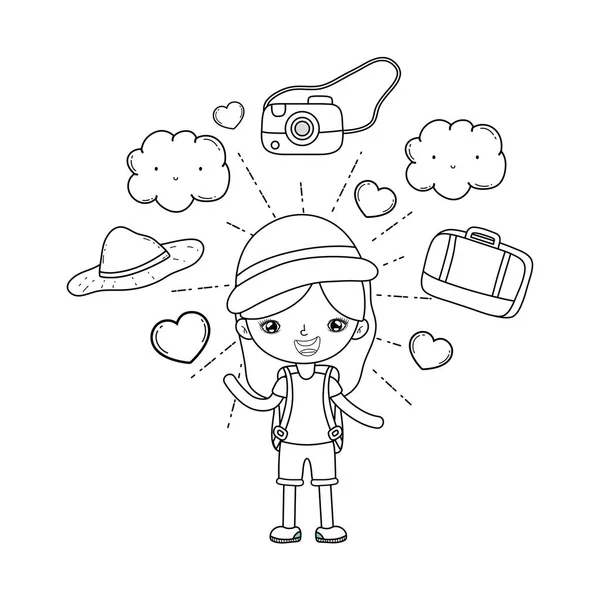 Kleines Touristenmädchen Mit Set Icons Vektor Illustration Design — Stockvektor