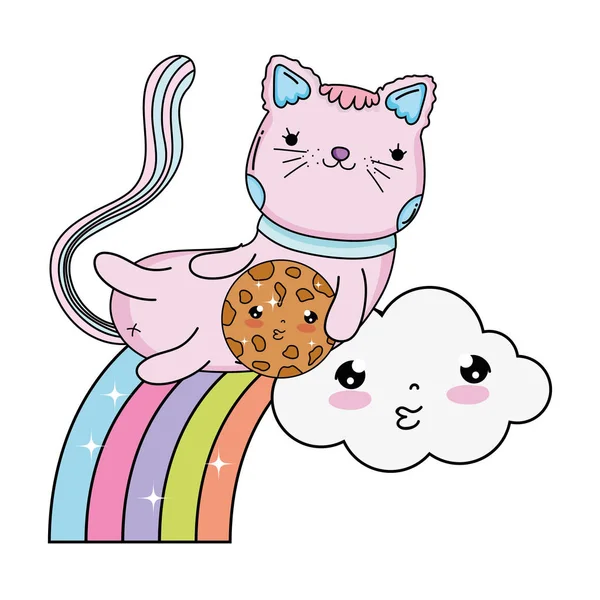 Schattige Kat Met Cookie Regenboog Vector Illustratie Ontwerp — Stockvector