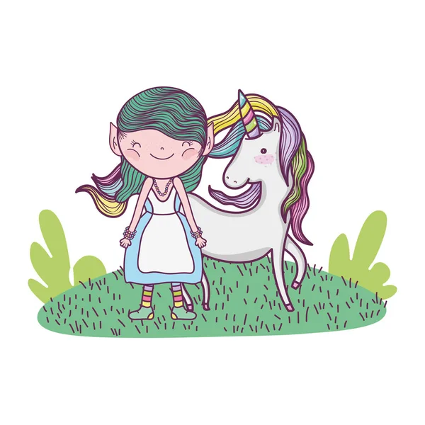 Mignonne Petite Fée Avec Licorne Dans Domaine Vectoriel Illustration Design — Image vectorielle