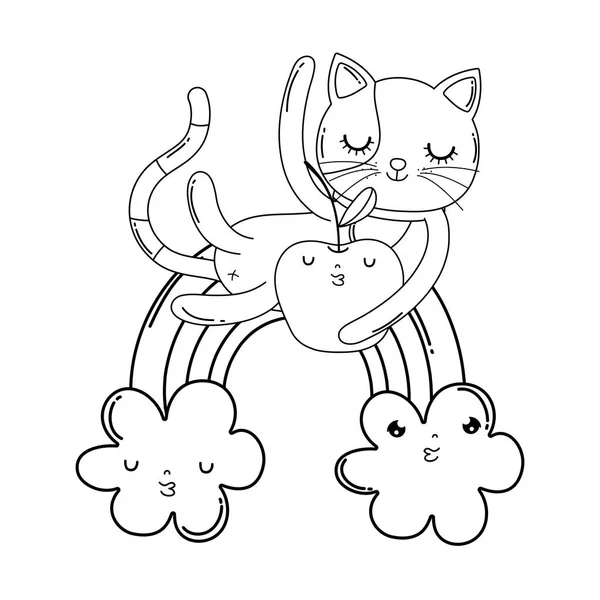 신선한 사과와 무지개 일러스트 디자인 귀여운 고양이 — 스톡 벡터