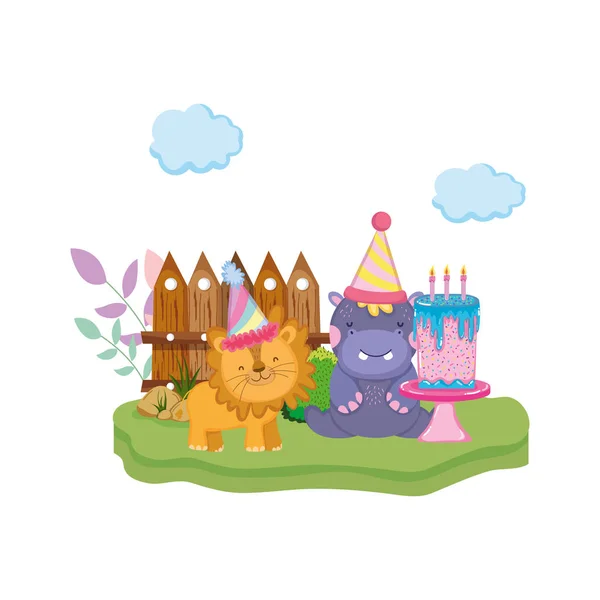 little lion and hippo with party hat vector illustration design