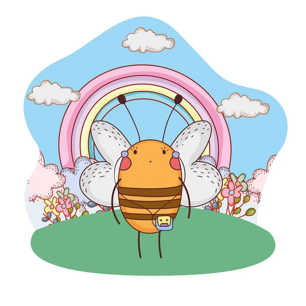 Schattige Kleine Honingbij Met Walkman Vector Illustratie Ontwerp — Stockvector