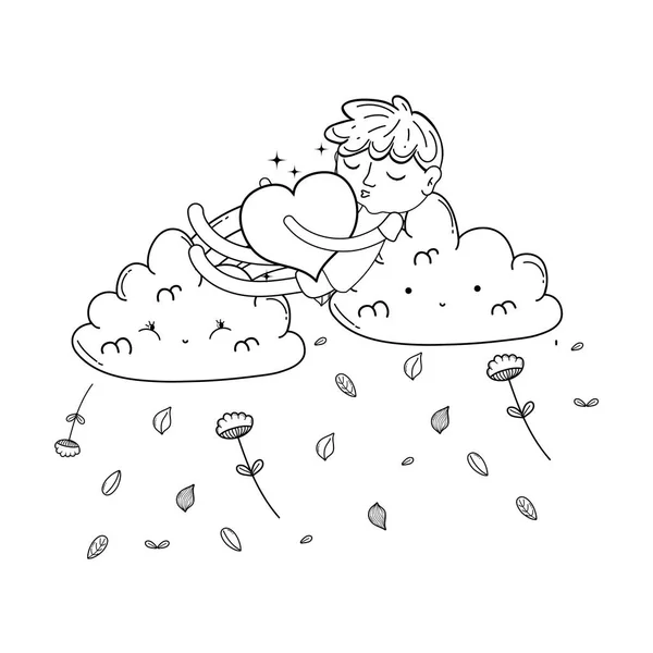 Χαριτωμένο Αγόρι Που Ονειρεύεται Στα Σύννεφα Ουράνιο Τόξο Χαμογελώντας Καρτούν — Διανυσματικό Αρχείο