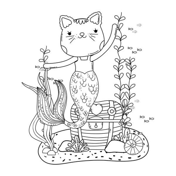 Purrmaid Avec Coffre Trésor Illustration Vectorielle Scène Sous Marine — Image vectorielle