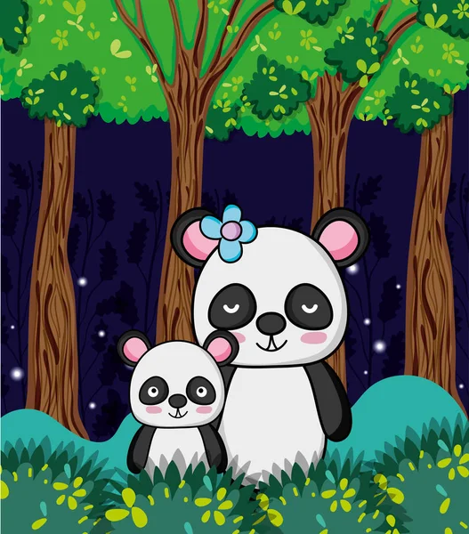 Carino Panda Orsi Famiglia Giungla Notte Cartoni Animati Vettore Illustrazione — Vettoriale Stock