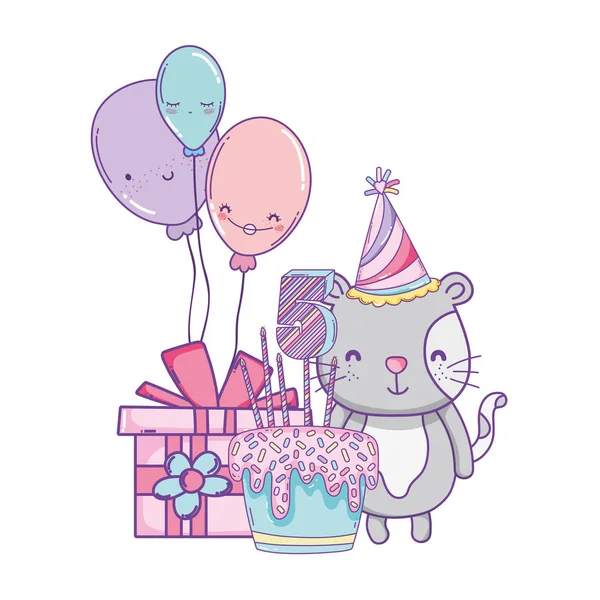 Happy birthday cat with cake balloons and gift box cartoons vector illustration graphic design