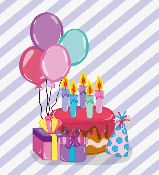 Joyeux Anniversaire Gâteau Boîtes Cadeaux Avec Des Ballons Dessin Animé — Image vectorielle