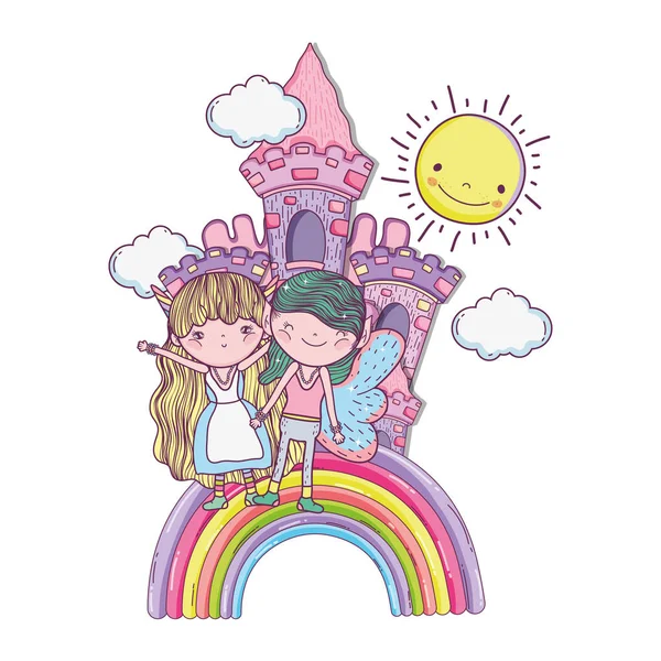 Niedliche Kleine Feen Paar Mit Schloss Und Regenbogen Vektor Illustration — Stockvektor