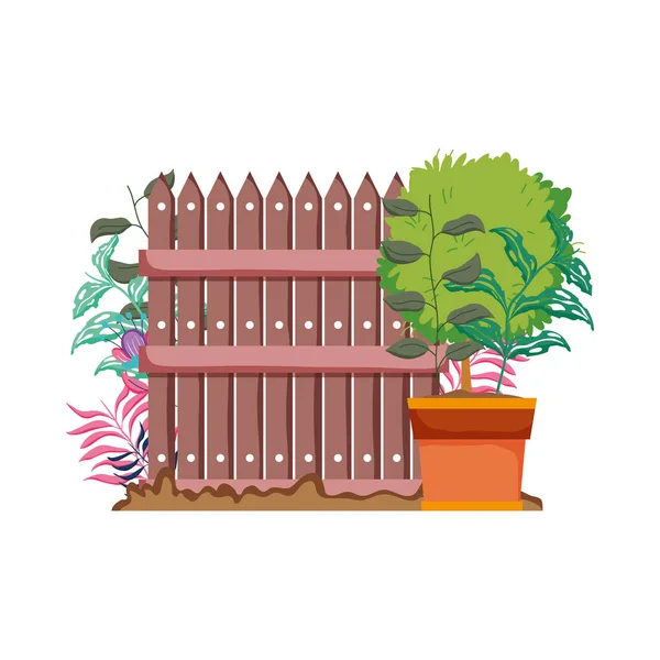 Trästaket Med Trädgård Blommor Scenformgivning Vektor Illustration — Stock vektor