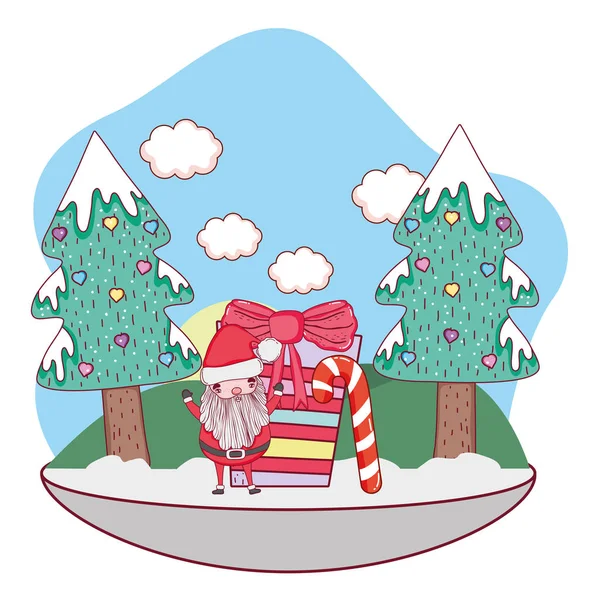 Santa Claus Avec Cadeau Dans Conception Illustration Vectorielle Paysage Neige — Image vectorielle