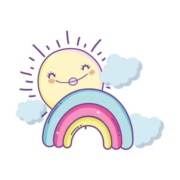 Nube Arco Iris Con Sol Sonriente Dibujos Animados Lindo Vector — Archivo Imágenes Vectoriales