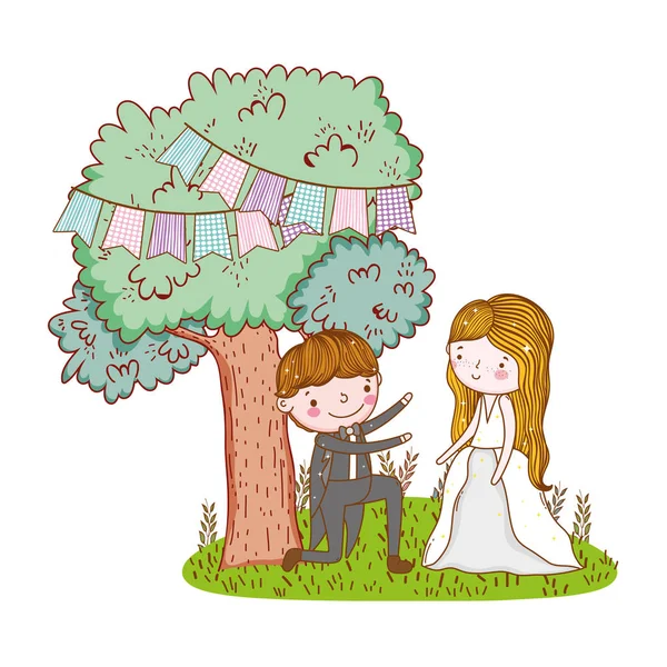 Paar Hochzeit Niedlich Cartoon Wald Mit Bäumen Vektor Illustration Grafik — Stockvektor