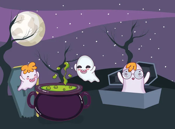 Noche Halloween Con Fantasmas Volando Cementerio Dibujos Animados Vector Ilustración — Vector de stock