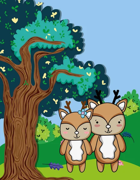可爱的驯鹿家庭在森林卡通矢量插图平面设计 — 图库矢量图片