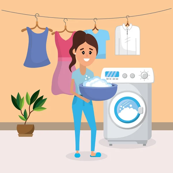 Mujer Lavandería Con Electrodomésticos Vector Dibujos Animados Ilustración Diseño Gráfico — Vector de stock