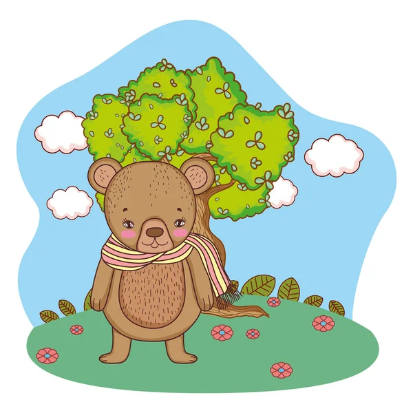 Μικρό Χαριτωμένο Αρκουδάκι Μαντήλι Στο Στρατόπεδο Διανυσματικά Εικονογράφηση Σχεδιασμός — Διανυσματικό Αρχείο