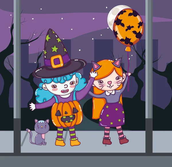 Halloween Strega Gatto Ragazze Con Palloncini Cartoni Animati Vettoriale Illustrazione — Vettoriale Stock
