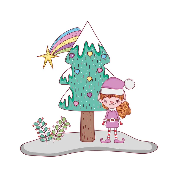 Schattig Santa Helper Met Pine Tree Vector Illustratie Ontwerp — Stockvector