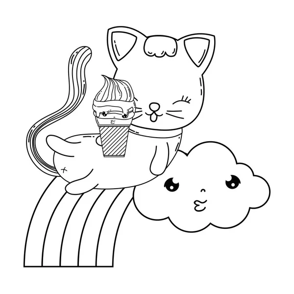 Niedliche Katze Mit Eis Regenbogenvektor Illustration Design — Stockvektor