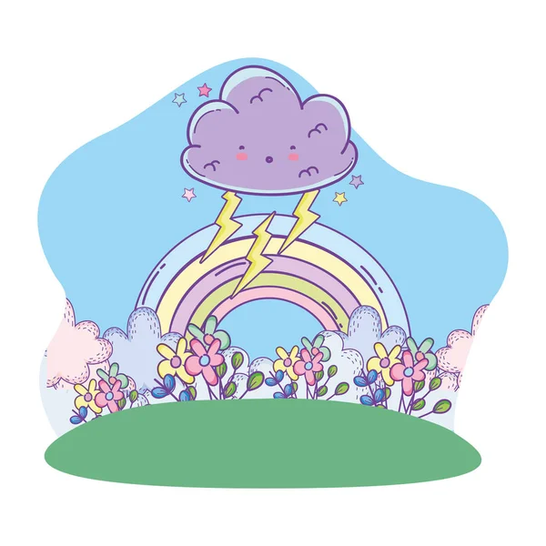 Lindo Paisaje Con Nubes Arco Iris Vector Dibujos Animados Ilustración — Vector de stock