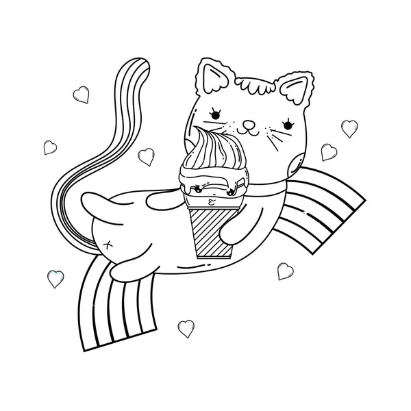 Carino Gatto Con Gelato Disegno Illustrazione Vettore Arcobaleno — Vettoriale Stock