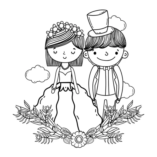 装飾的な花輪自然かわいい漫画ベクトル イラスト グラフィック デザインのカップルの結婚式 — ストックベクタ