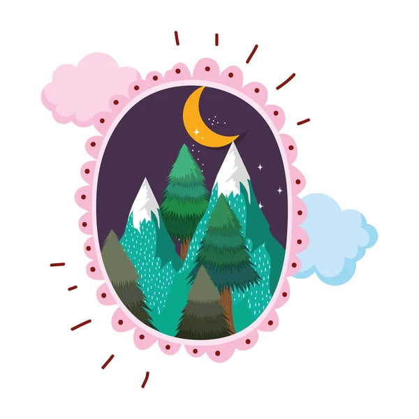 Paysage Avec Cadre Circulaire Montagne Neige Sur Illustration Vectorielle Nuit — Image vectorielle