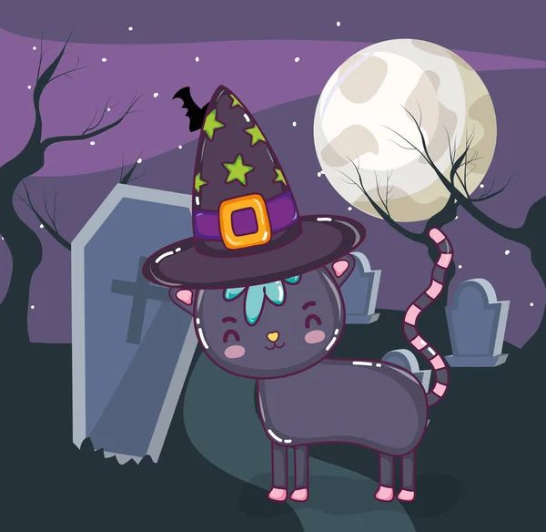 Halloween Katze Mit Niedlichen Gruseligen Elementen Bei Nacht Vektor Illustration — Stockvektor