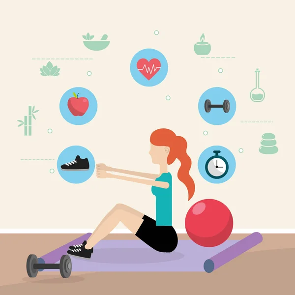 Young Woman Stretching Exercise Ball Icons Cartoon — Stock Vector