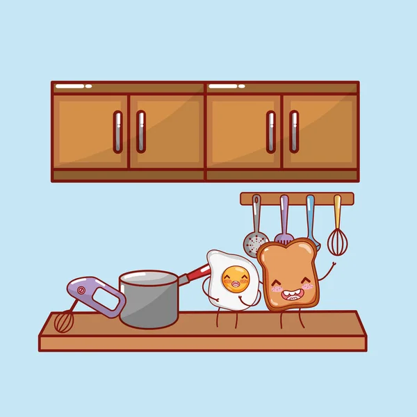 Cocina Estante Utensilios Cocina Ingredientes Iconos Dibujos Animados Kawaii Lindo — Vector de stock