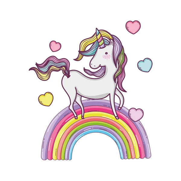 Roztomilý Pohádkový Jednorožec Rainbow Srdce Vektorové Ilustrace Design — Stockový vektor