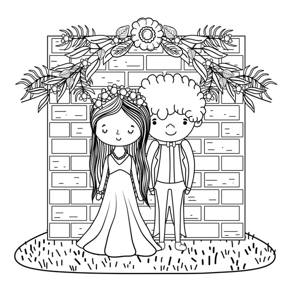 Paar Hochzeit Über Ziegel Wand Niedlich Cartoon Vektor Illustration Grafik — Stockvektor