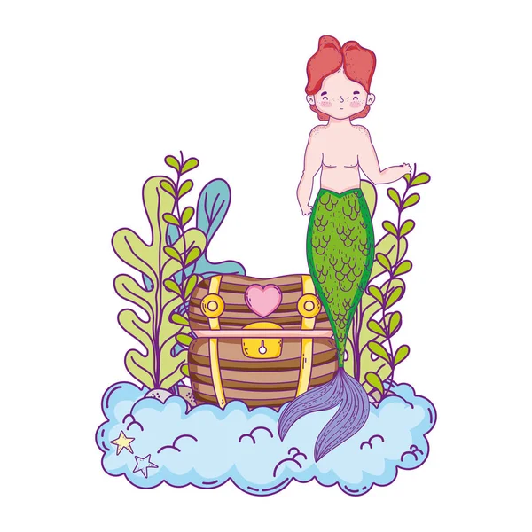 Male Mermaid Treasure Chest Undersea Scene Vector Illustration — Stock Vector