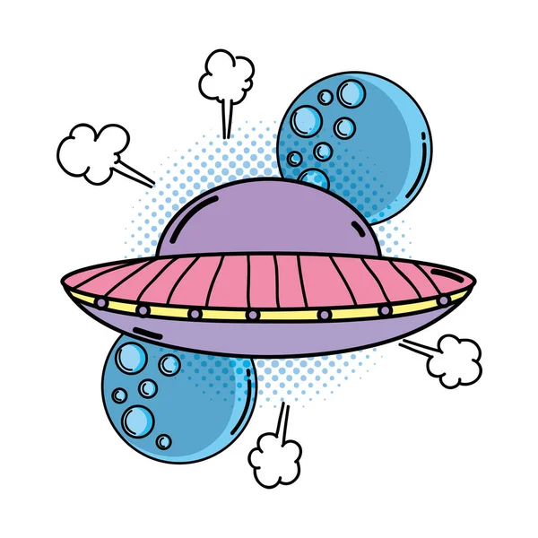 Ufo Fliegen Mit Planeten Pop Art Stil Vektor Illustration Design — Stockvektor