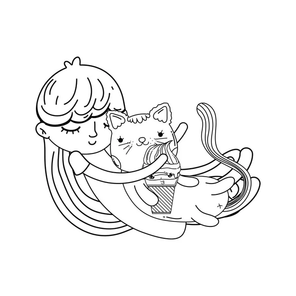 Маленькая Девочка Котом Кавайи Характер Векторной Иллюстрации Дизайн — стоковый вектор