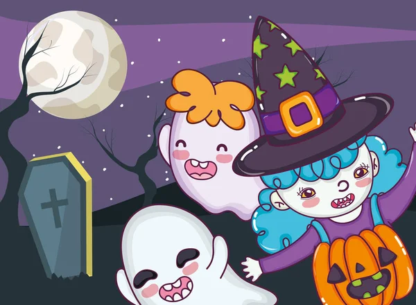 Halloween Feier Mädchen Mit Hexenkostüm Und Geister Cartoon Vektor Illustration — Stockvektor