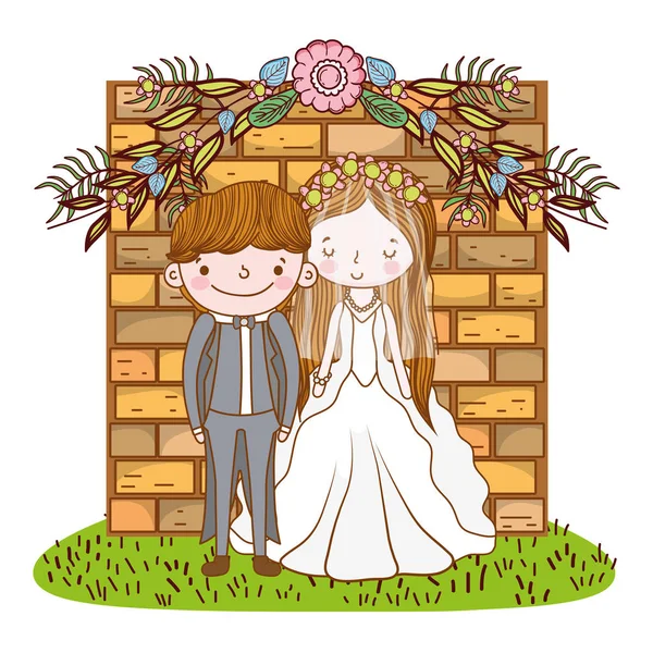 Coppia Matrimonio Oltre Mattoni Muro Carino Cartone Animato Vettore Illustrazione — Vettoriale Stock