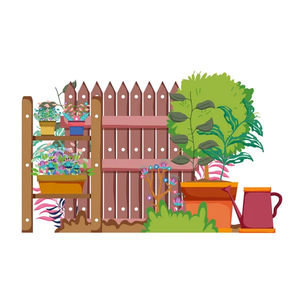 Wooden Fence Garden Flowers Scene Vector Illustration Design — Stock Vector