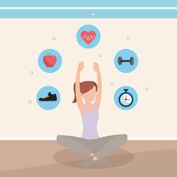 Joven Mujer Haciendo Yoga Pose Con Iconos Dibujos Animados Vector — Vector de stock