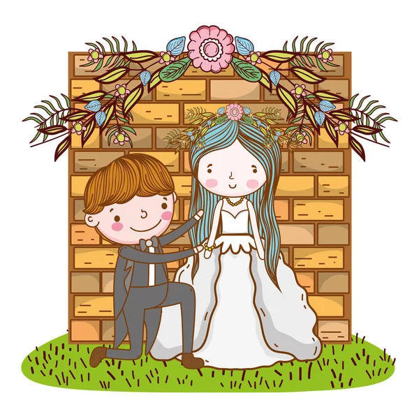 レンガの入り口ベクトル イラスト グラフィック デザイン上カップル結婚式かわいい漫画 — ストックベクタ